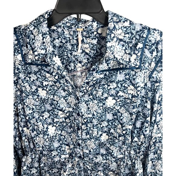 Free People Printed Daybreak Chambray Combo Blouse Floral Ruffled Cotton Small - Picture 6 of 14